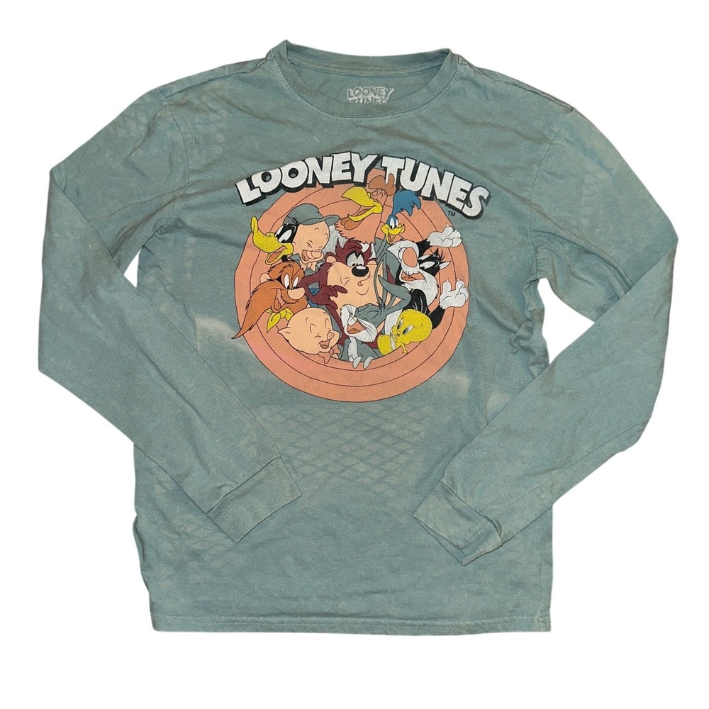 Looney Tunes Graphic Long Sleeve Shirt Blue Mineral Wash Mens Small Bugs Bunny